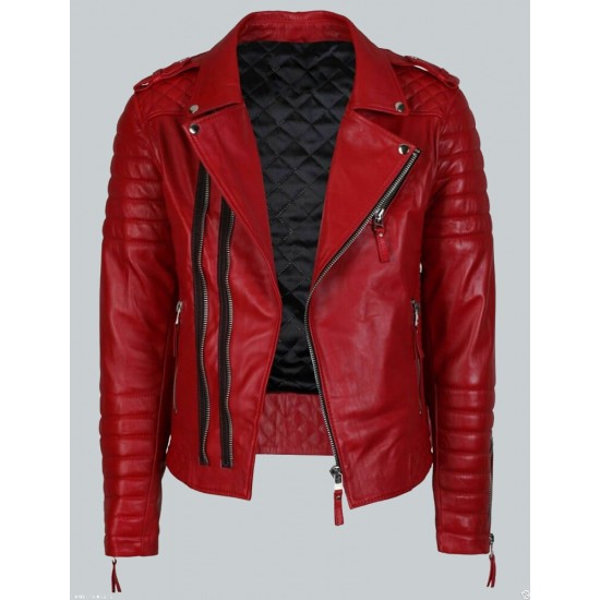 Double Breasted Mens Red Leather Biker Jacket DDM001
